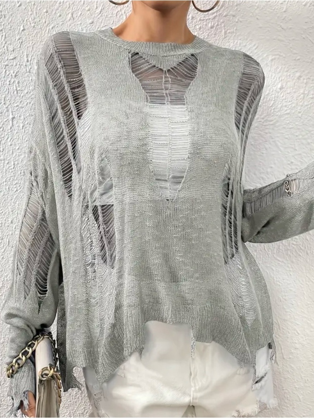 Light Gray Distressed Knit Sweater - Women's Fashion